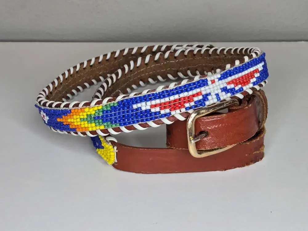 Vintage Native American Southwestern Leather Beaded Belt Thunderbird Eagle Motif